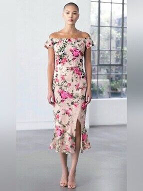 Guess Cream Off-The-Shoulder Floral Midi Dress